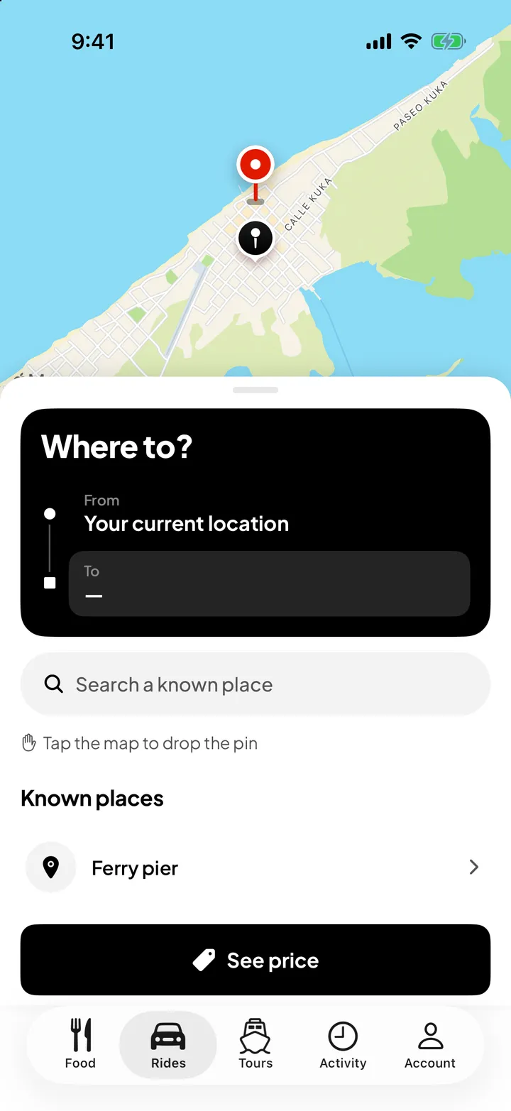 Pantalla de Holbox Go para pedir un viaje en el mapa de Holbox